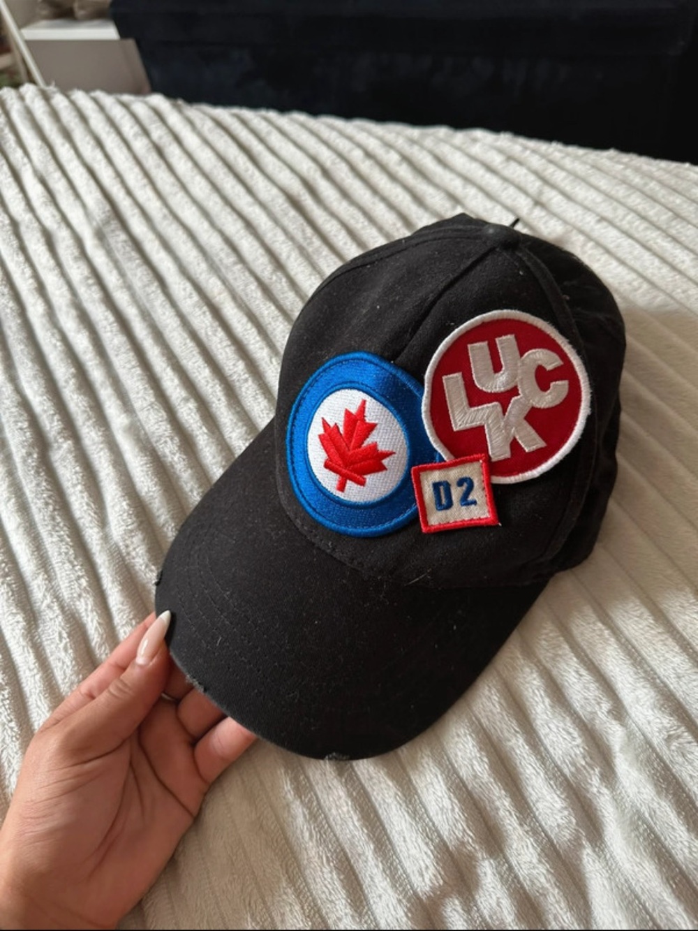 DSQUARED2 Black Cap with Red & Blue Patch Details